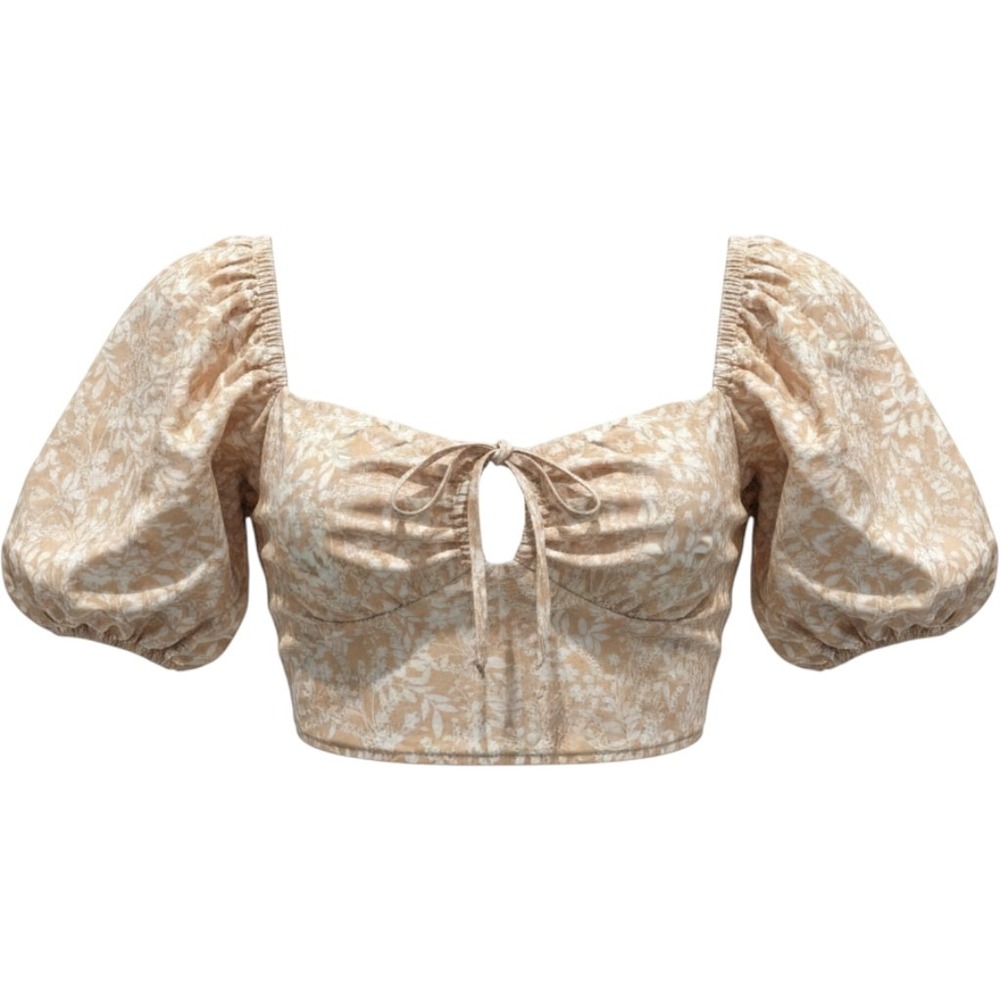 Japna Beige Floral Puff Sleeve Blouse